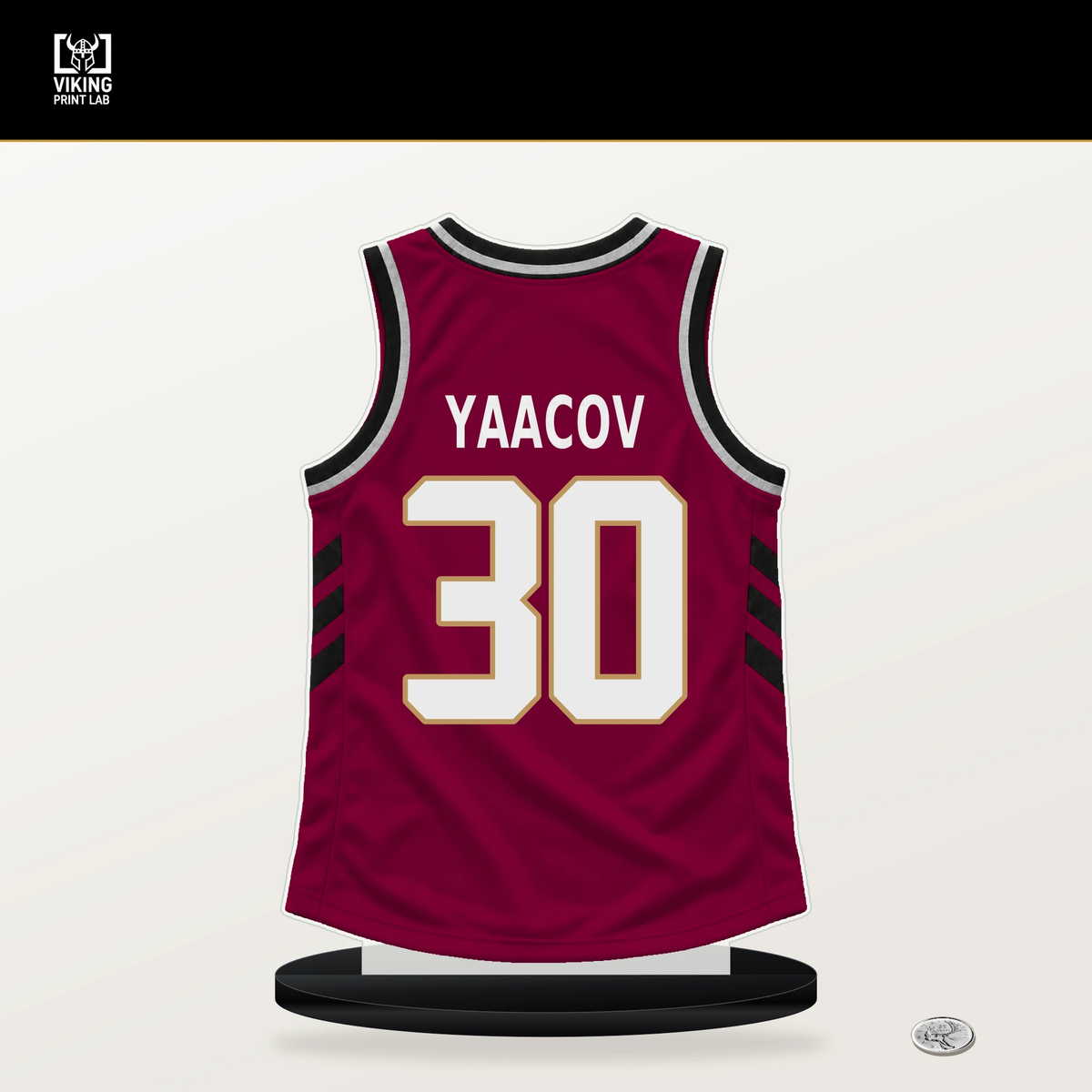 Noam Yaacov number 30 Cleveland Cavaliers jersey stand with included black base.