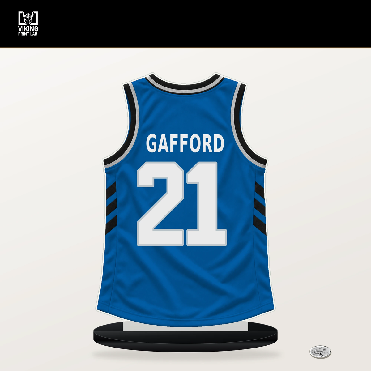 Daniel Gafford number 21 Dallas Mavericks jersey stand with included black base.