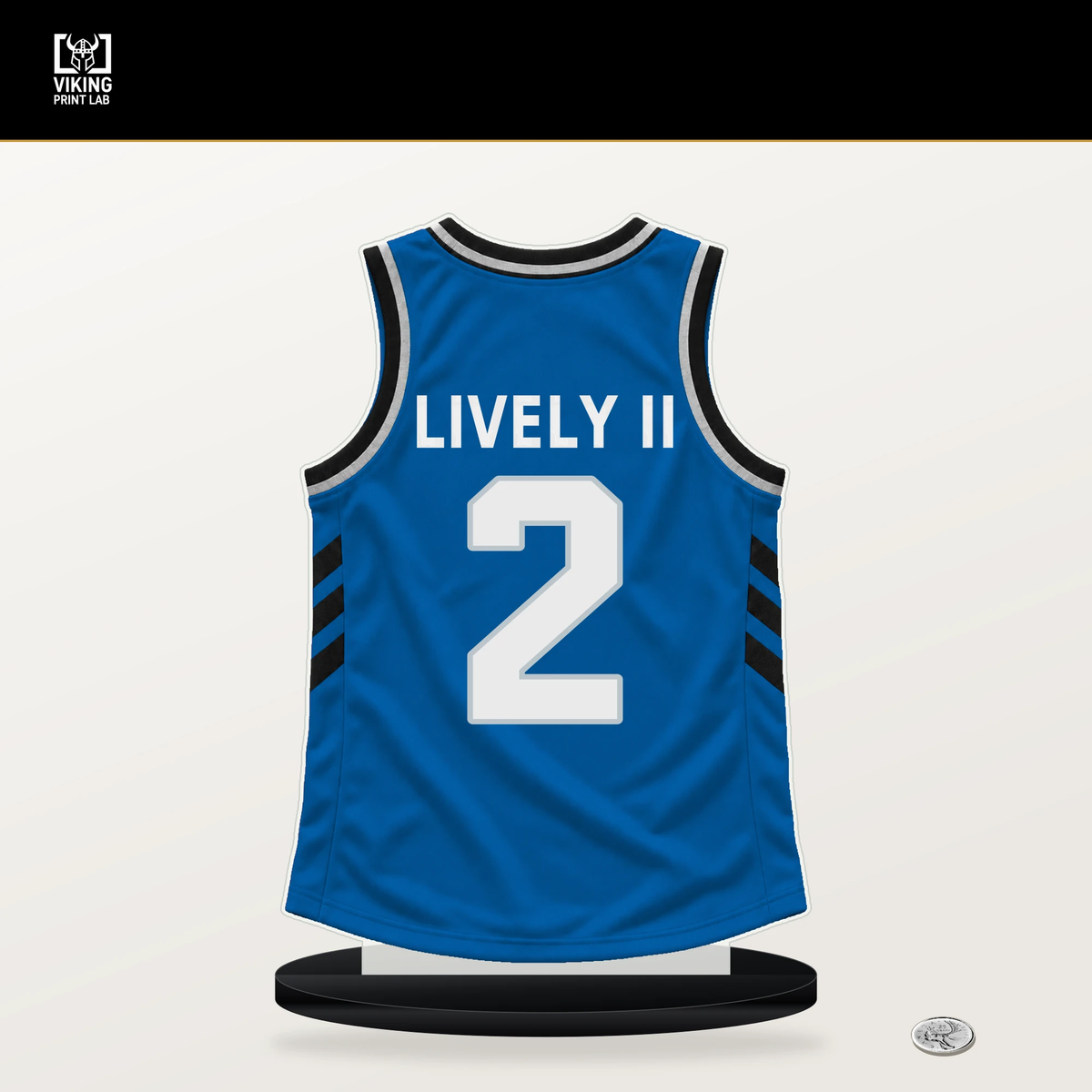 Dereck Lively II number 2 Dallas Mavericks jersey stand with included black base.