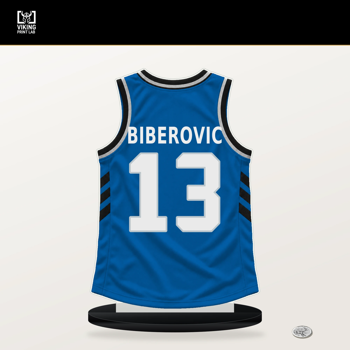 Tarik Biberovic number 13 Dallas Mavericks jersey stand with included black base.