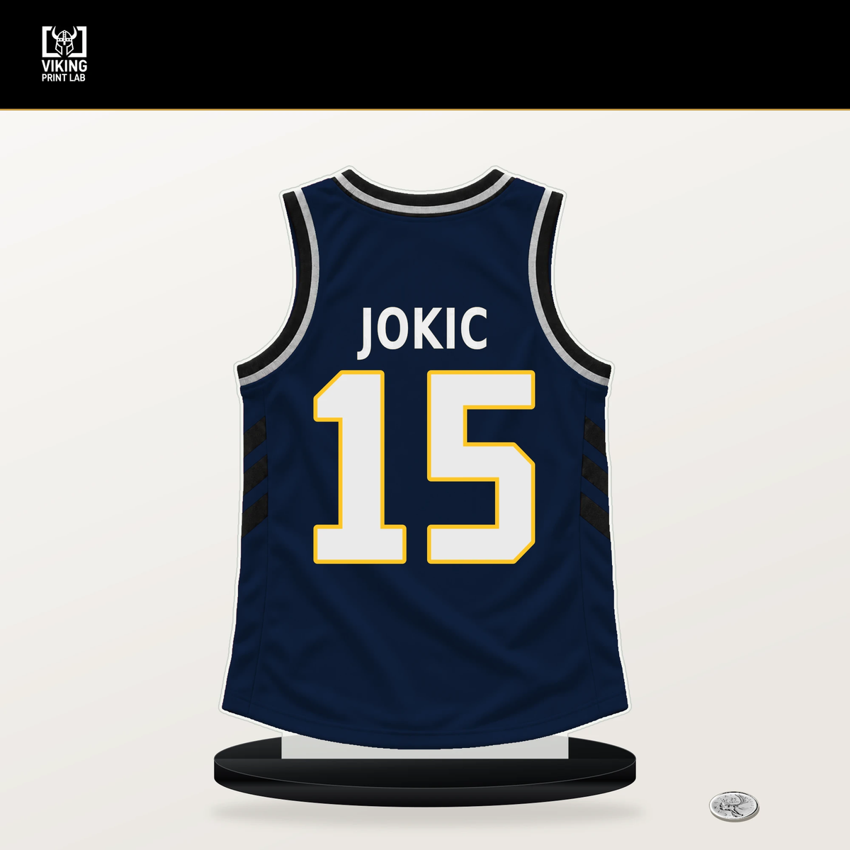Nikola Jokic number 15 Denver Nuggets jersey stand with included black base.
