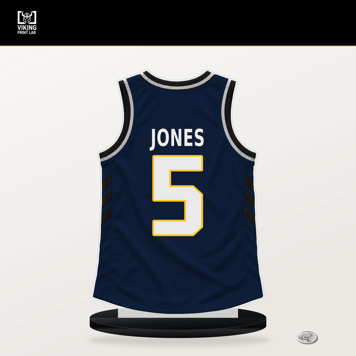 Tyus Jones number 5 Denver Nuggets jersey stand with included black base.