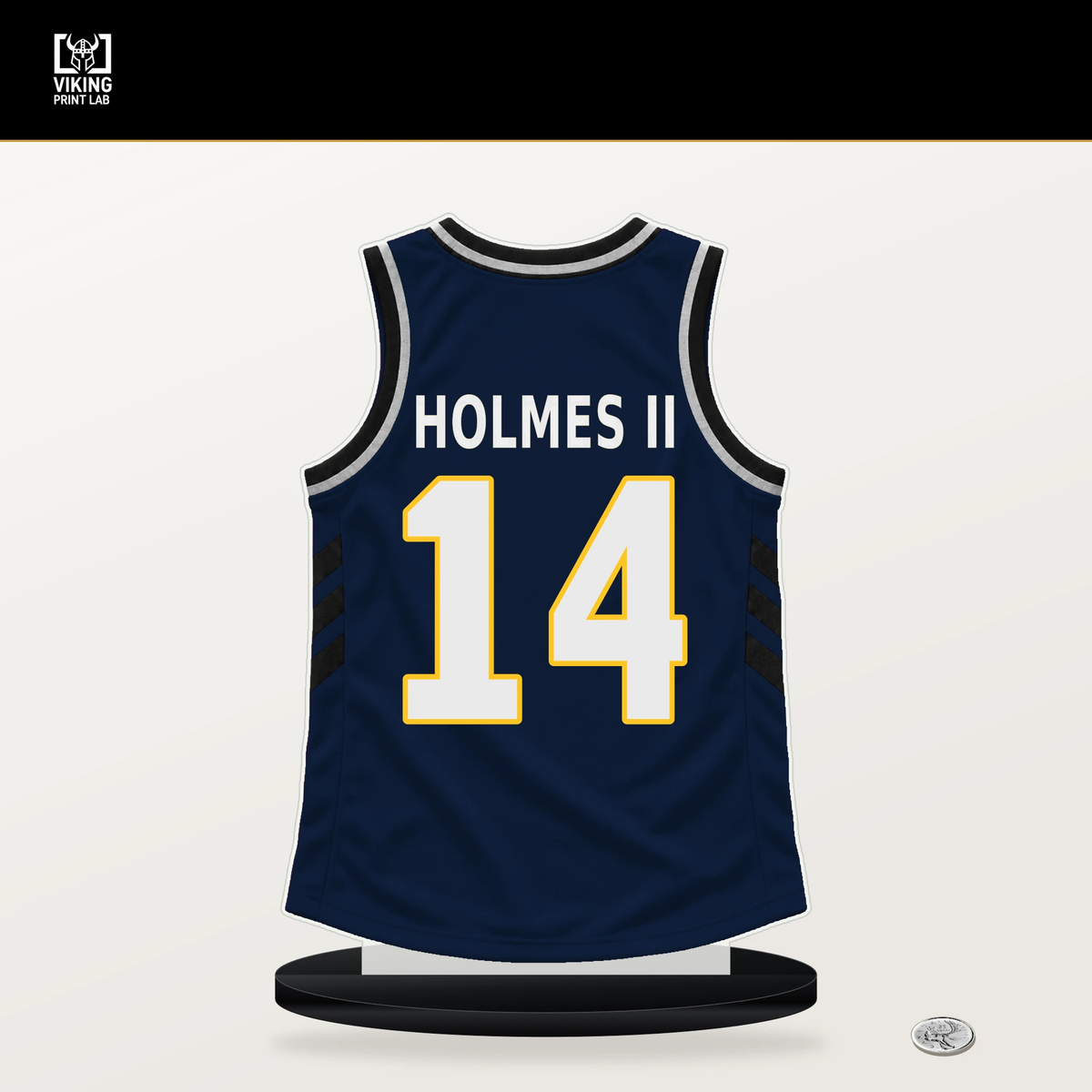 DaRon Holmes II number 14 Denver Nuggets jersey stand with included black base.