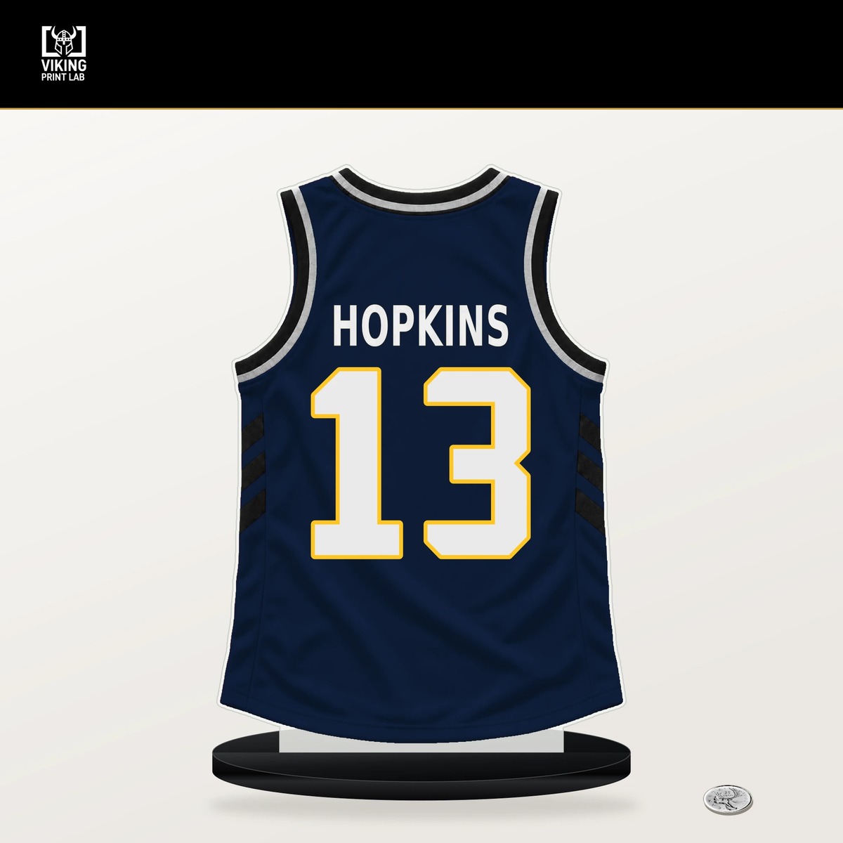 Bryce Hopkins number 13 Denver Nuggets jersey stand with included black base.