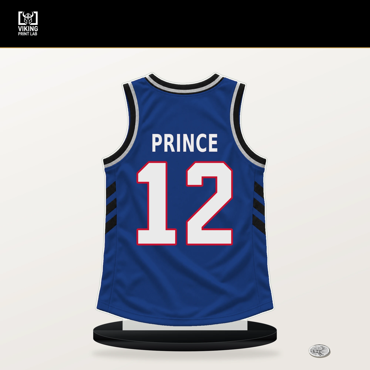 Taurean Prince number 12 Detroit Pistons jersey stand with included black base.
