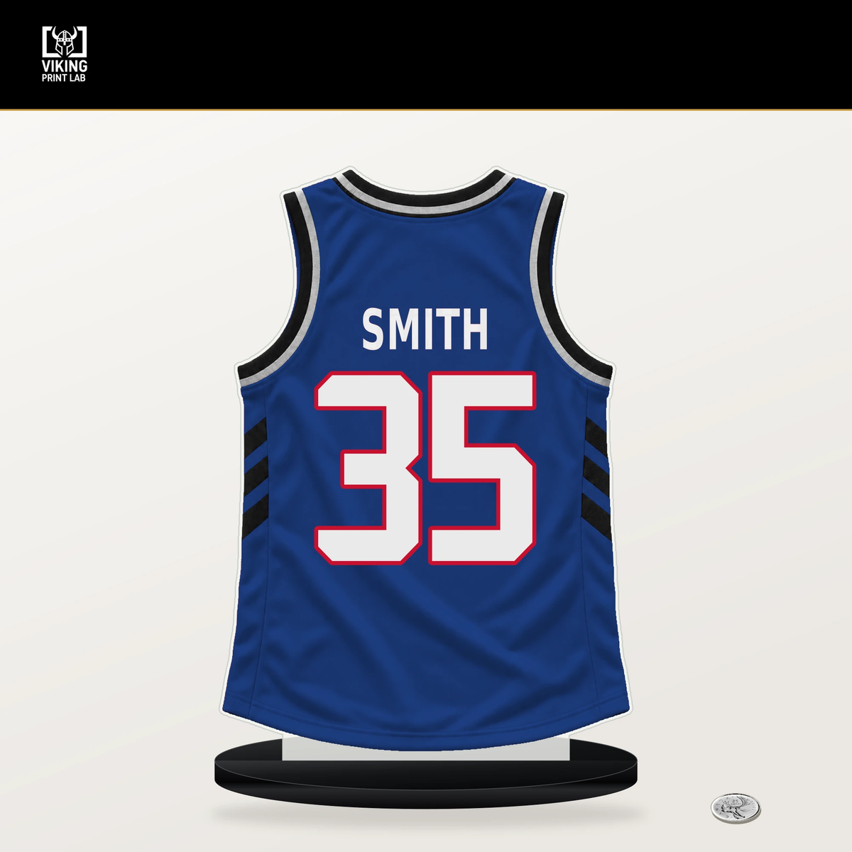 Tolu Smith number 35 Detroit Pistons jersey stand with included black base.