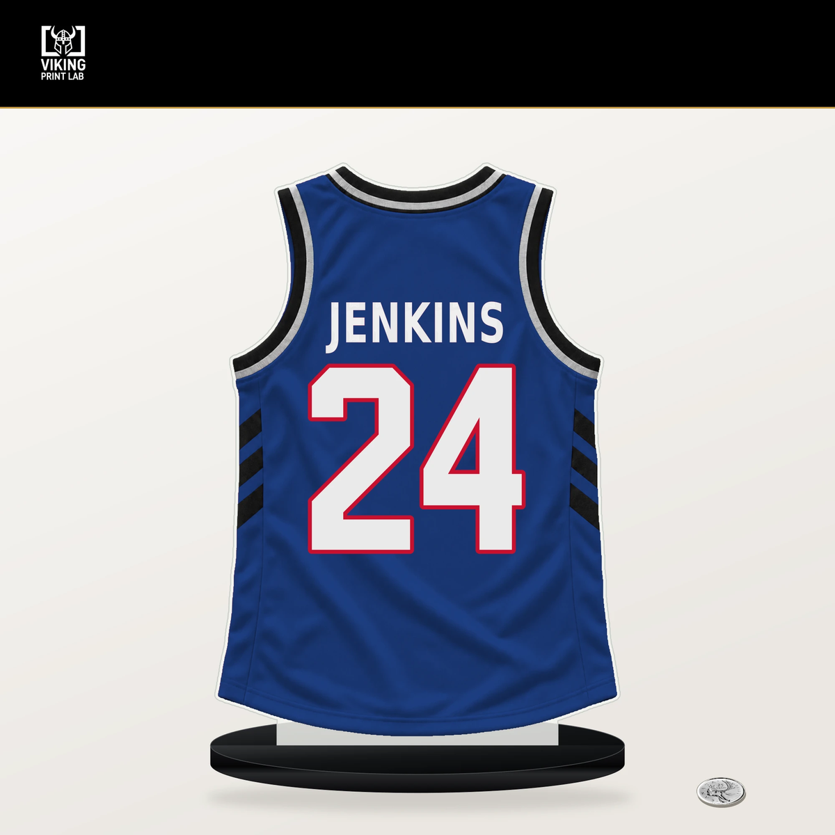 Daniss Jenkins number 24 Detroit Pistons jersey stand with included black base.