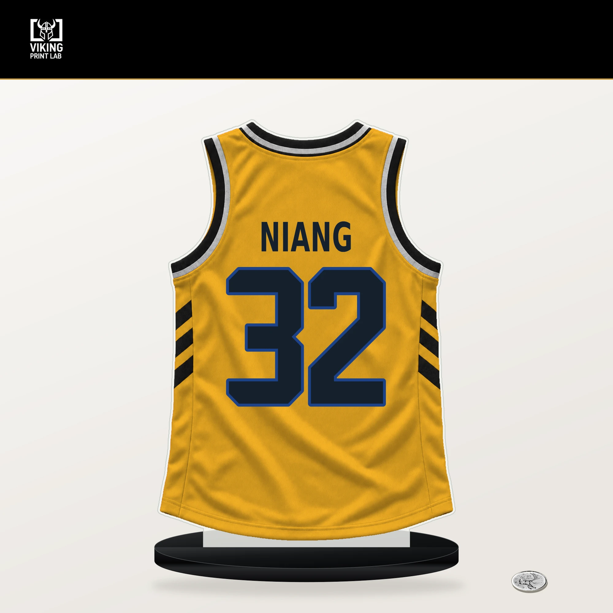 Georges Niang number 32 Golden State Warriors jersey stand with included black base.