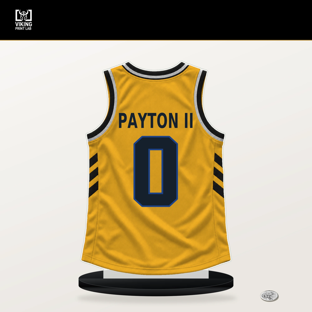 Gary Payton II number 0 Golden State Warriors jersey stand with included black base.