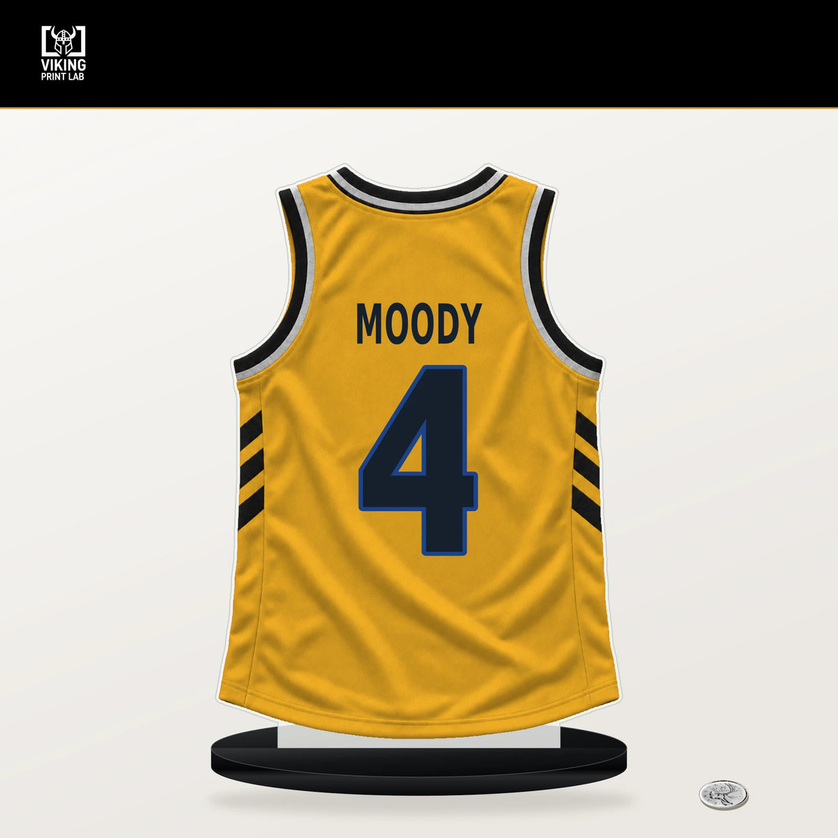 Moses Moody number 4 Golden State Warriors jersey stand with included black base.