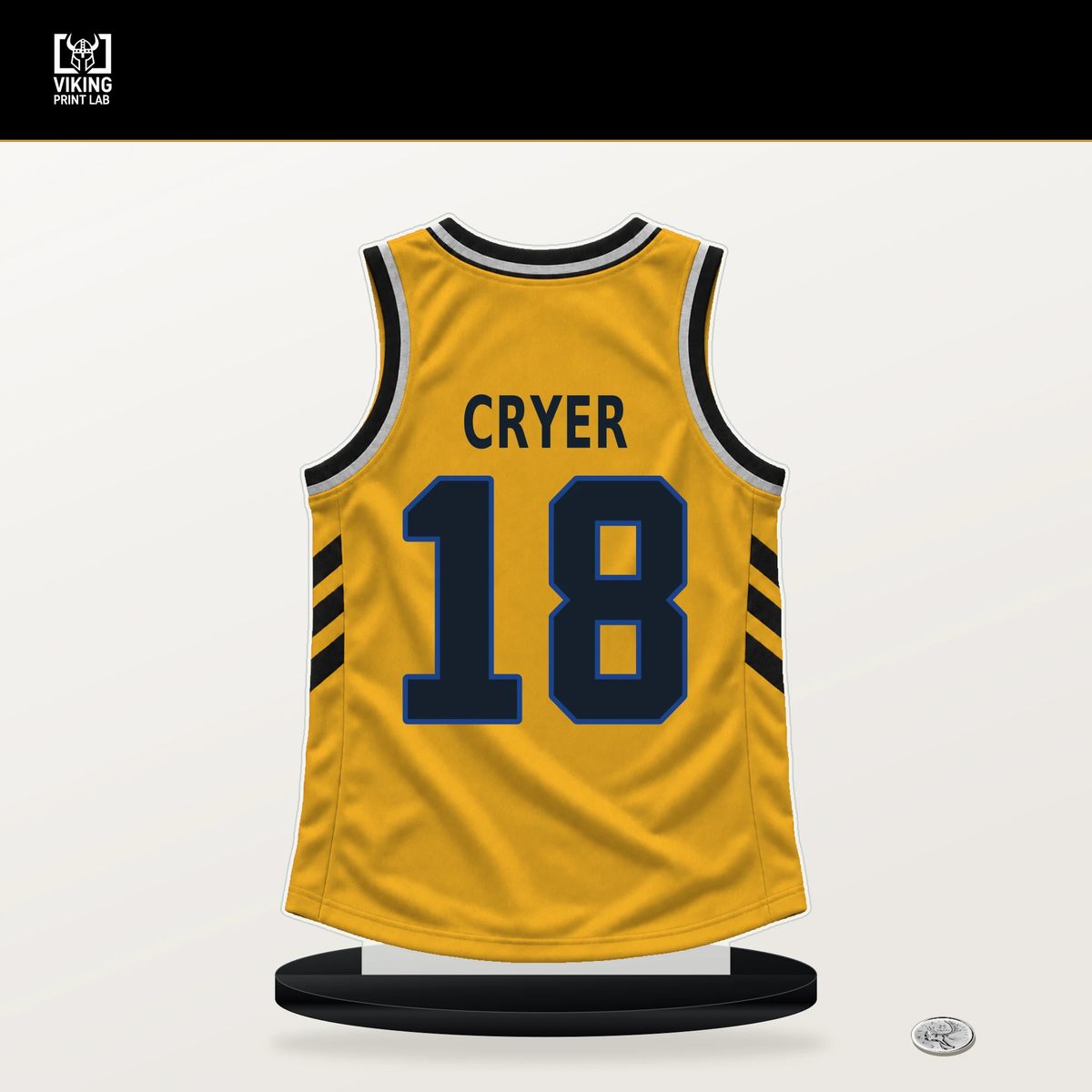 LJ Cryer number 18 Golden State Warriors jersey stand with included black base.