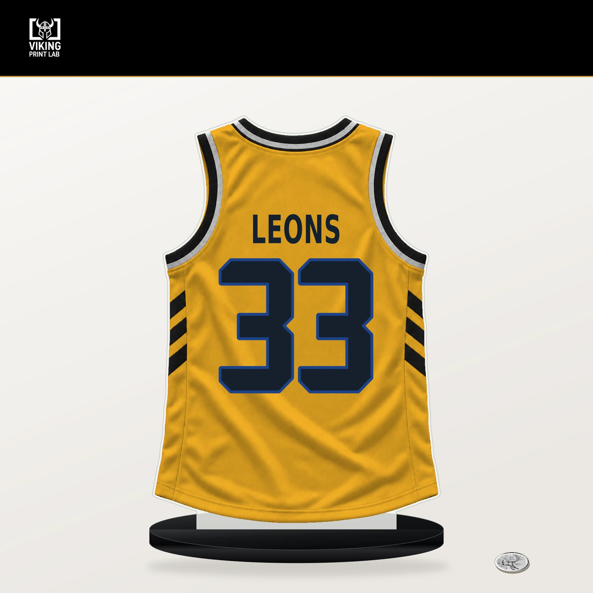 Malevy Leons number 33 Golden State Warriors jersey stand with included black base.