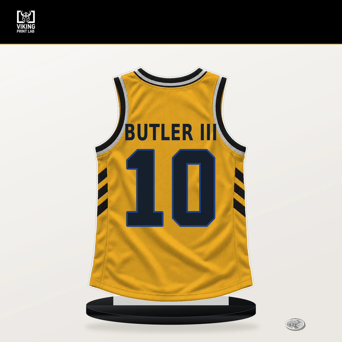 Jimmy Butler III number 10 Golden State Warriors jersey stand with included black base.