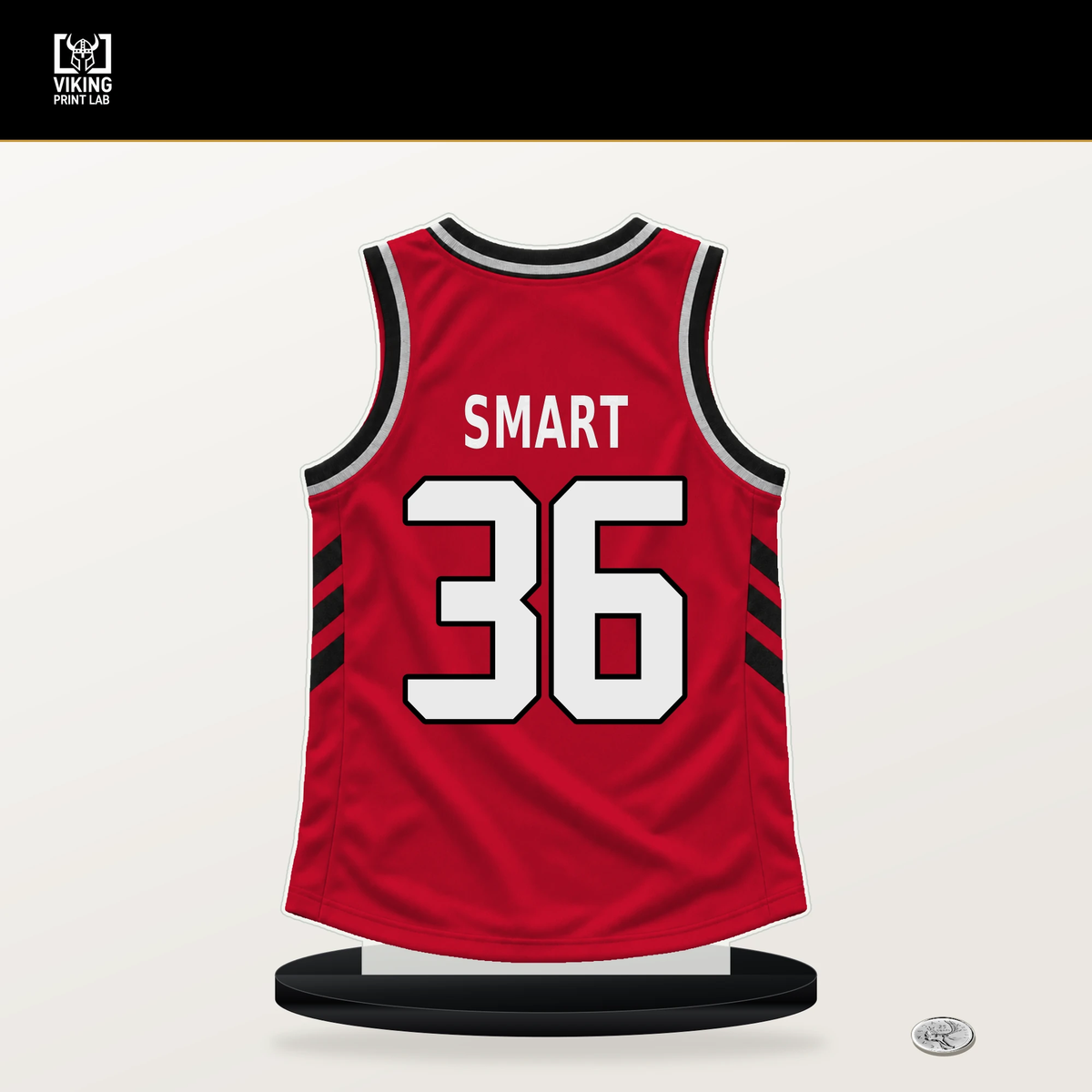 Marcus Smart number 36 Houston Rockets jersey stand with included black base.
