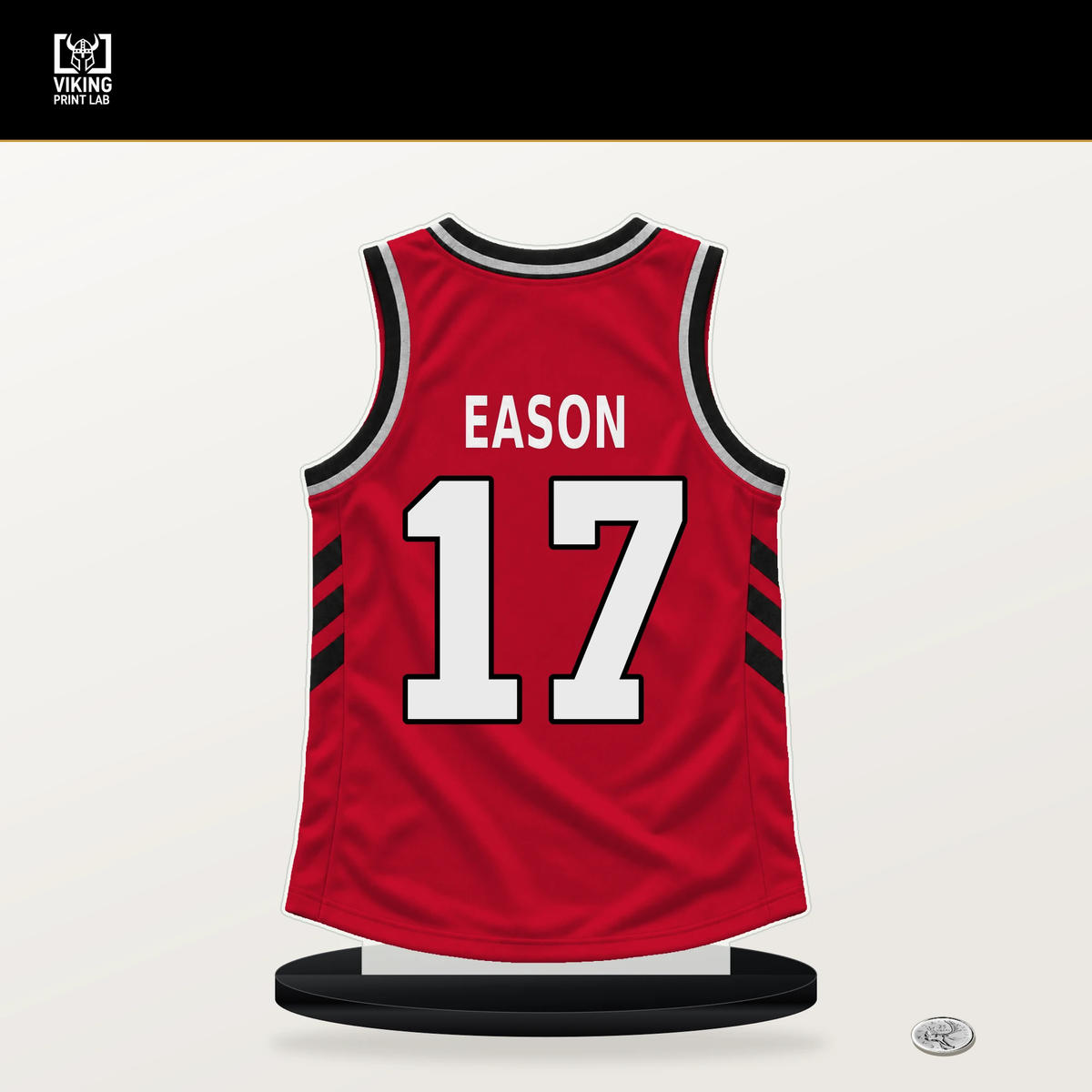 Tari Eason number 17 Houston Rockets jersey stand with included black base.