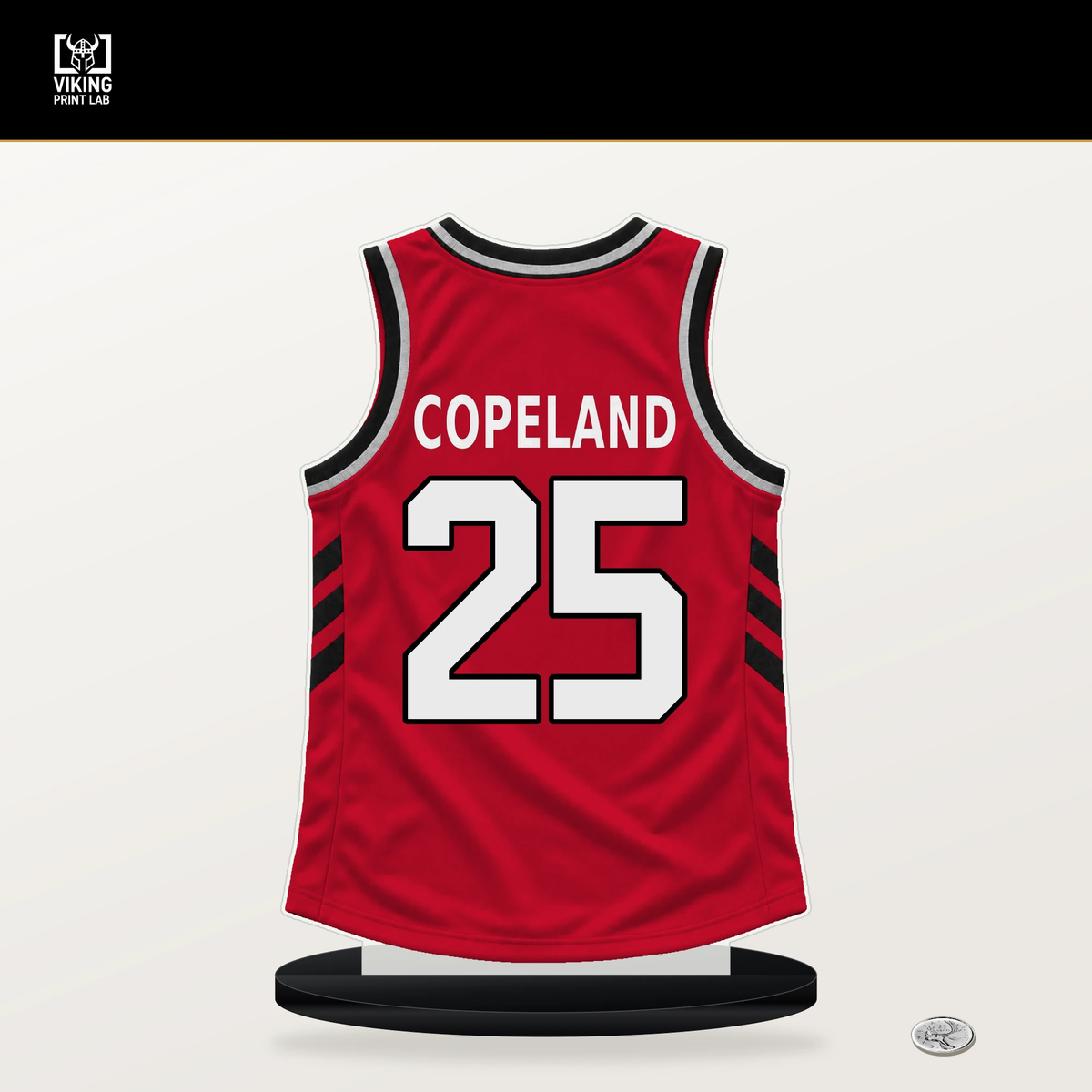 Quadir Copeland number 25 Houston Rockets jersey stand with included black base.