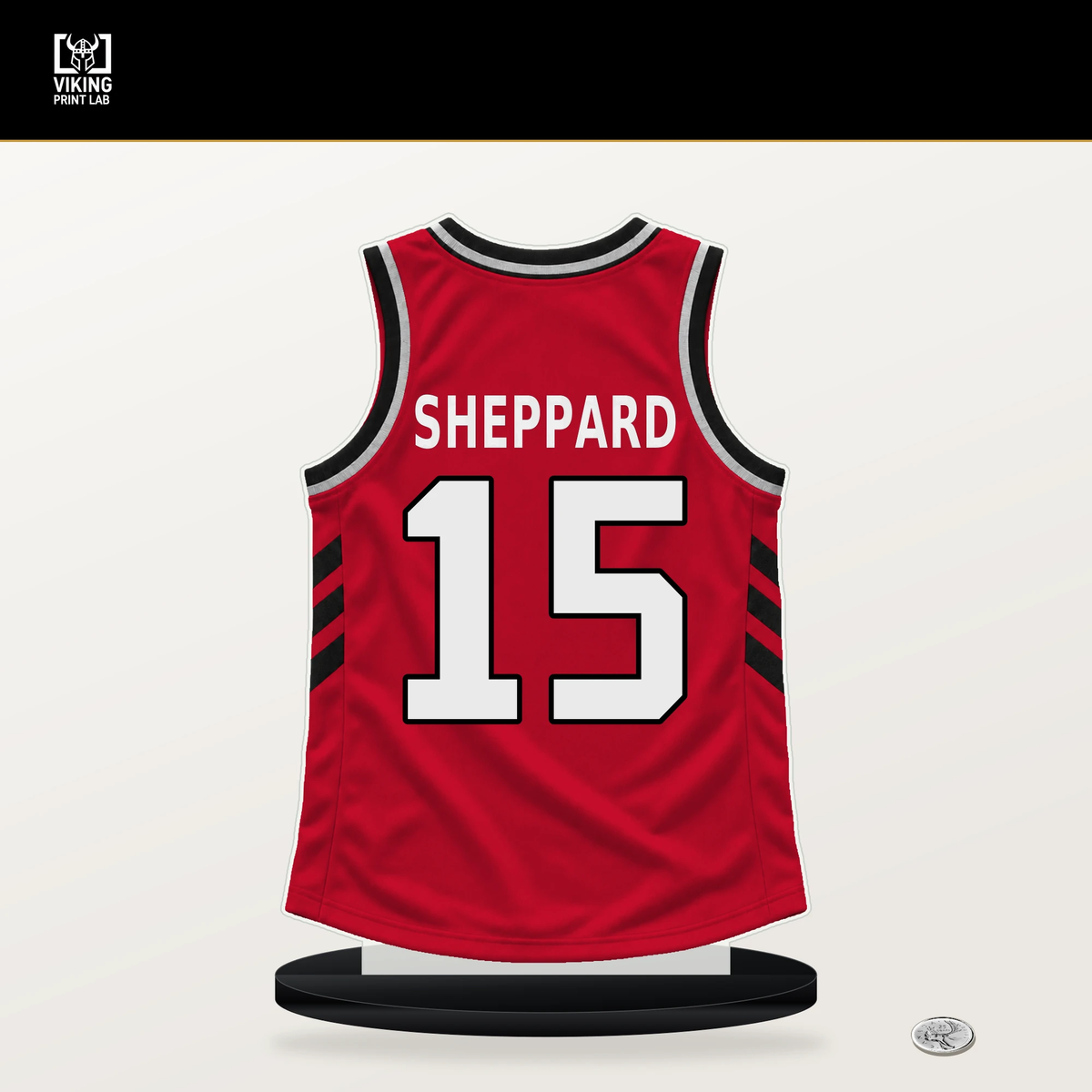 Reed Sheppard number 15 Houston Rockets jersey stand with included black base.