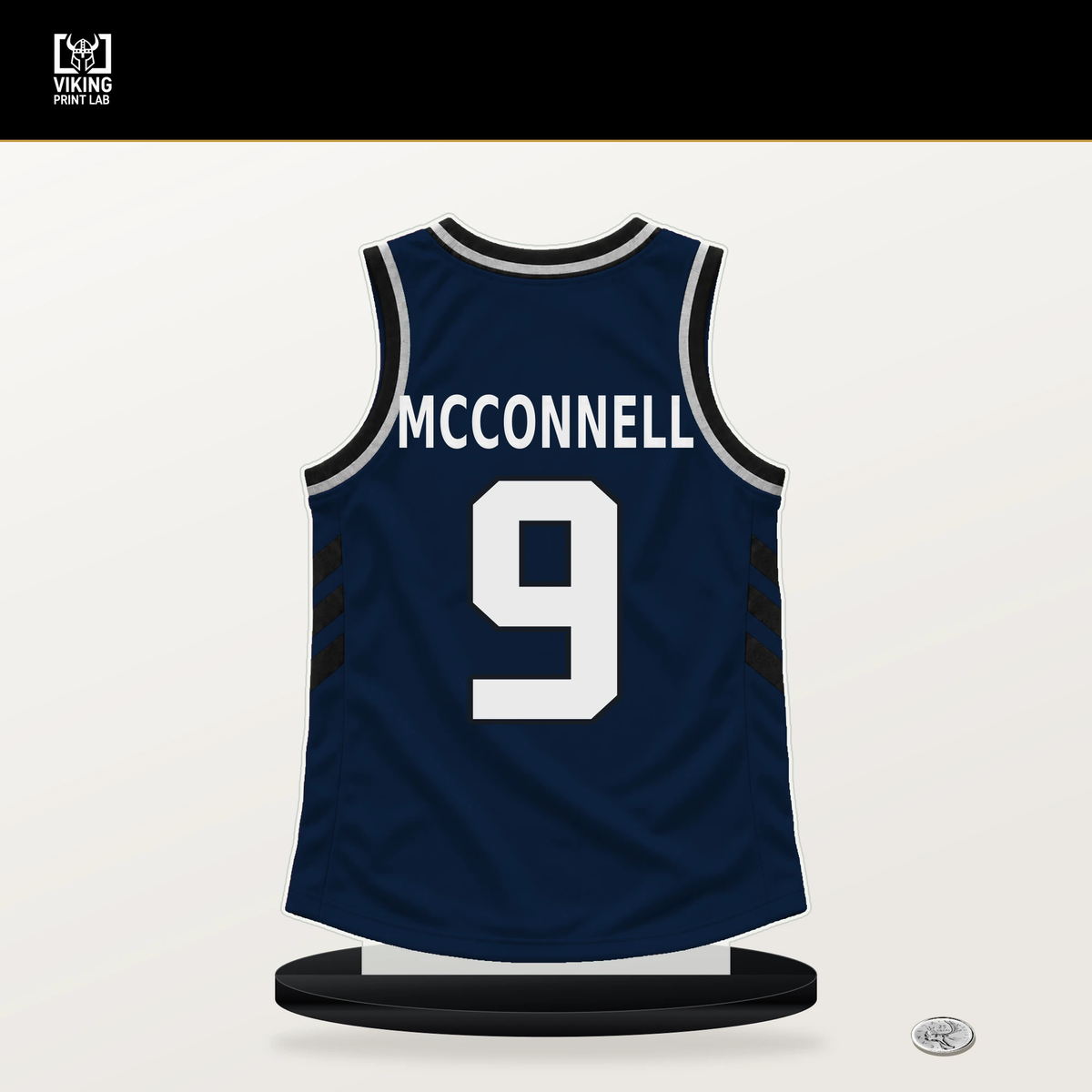 T.J. McConnell number 9 Indiana Pacers jersey stand with included black base.
