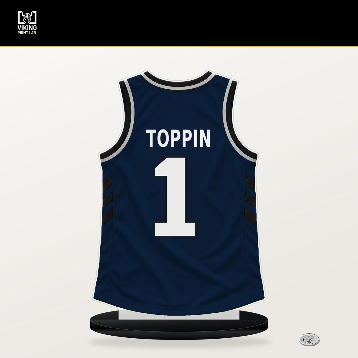 Obi Toppin number 1 Indiana Pacers jersey stand with included black base.