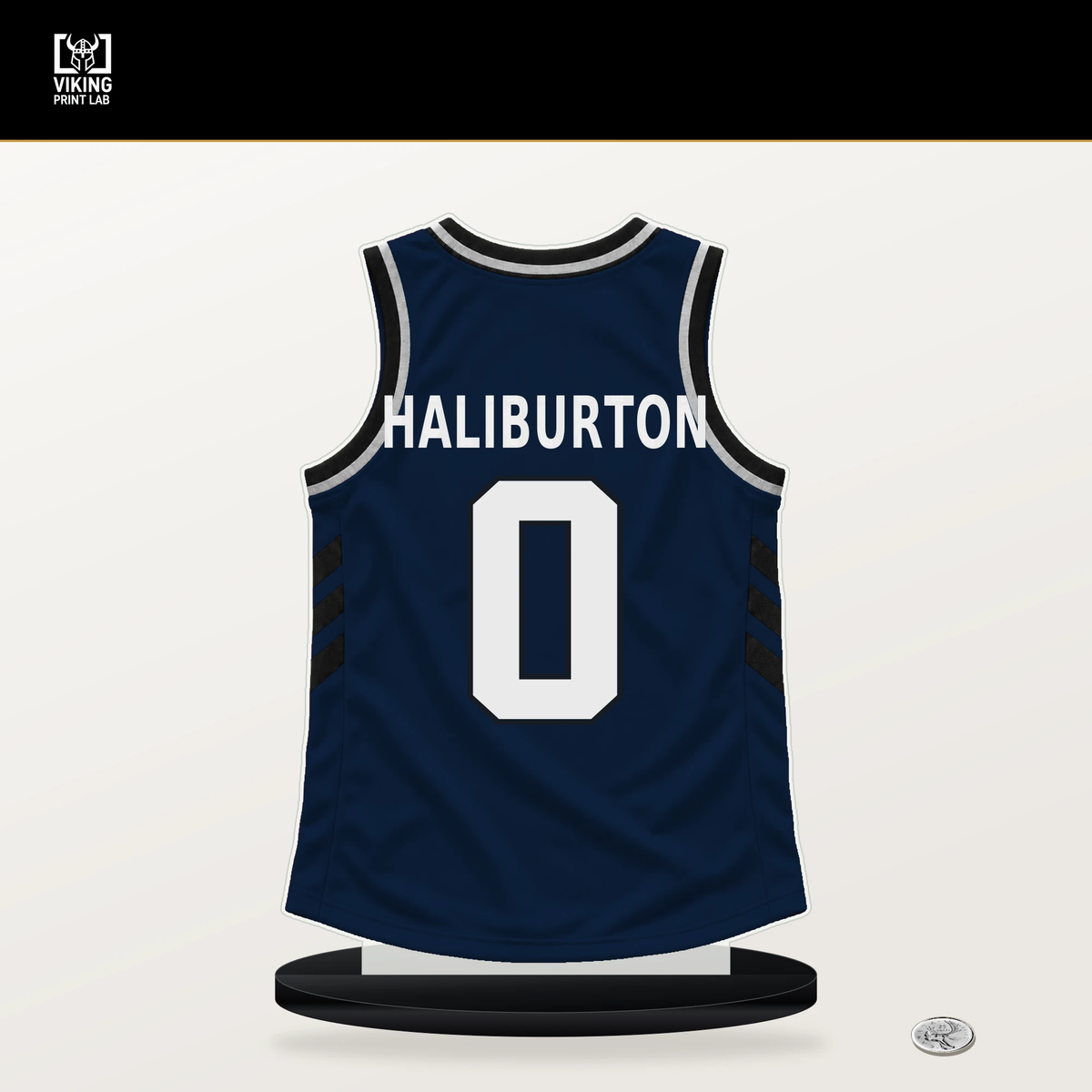 Tyrese Haliburton number 0 Indiana Pacers jersey stand with included black base.