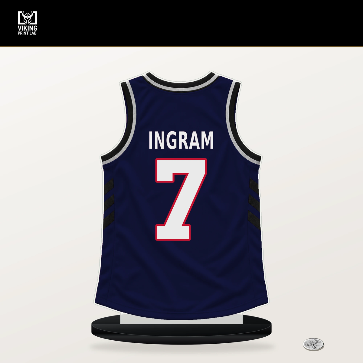 Brandon Ingram number 7 LA Clippers jersey stand with included black base.