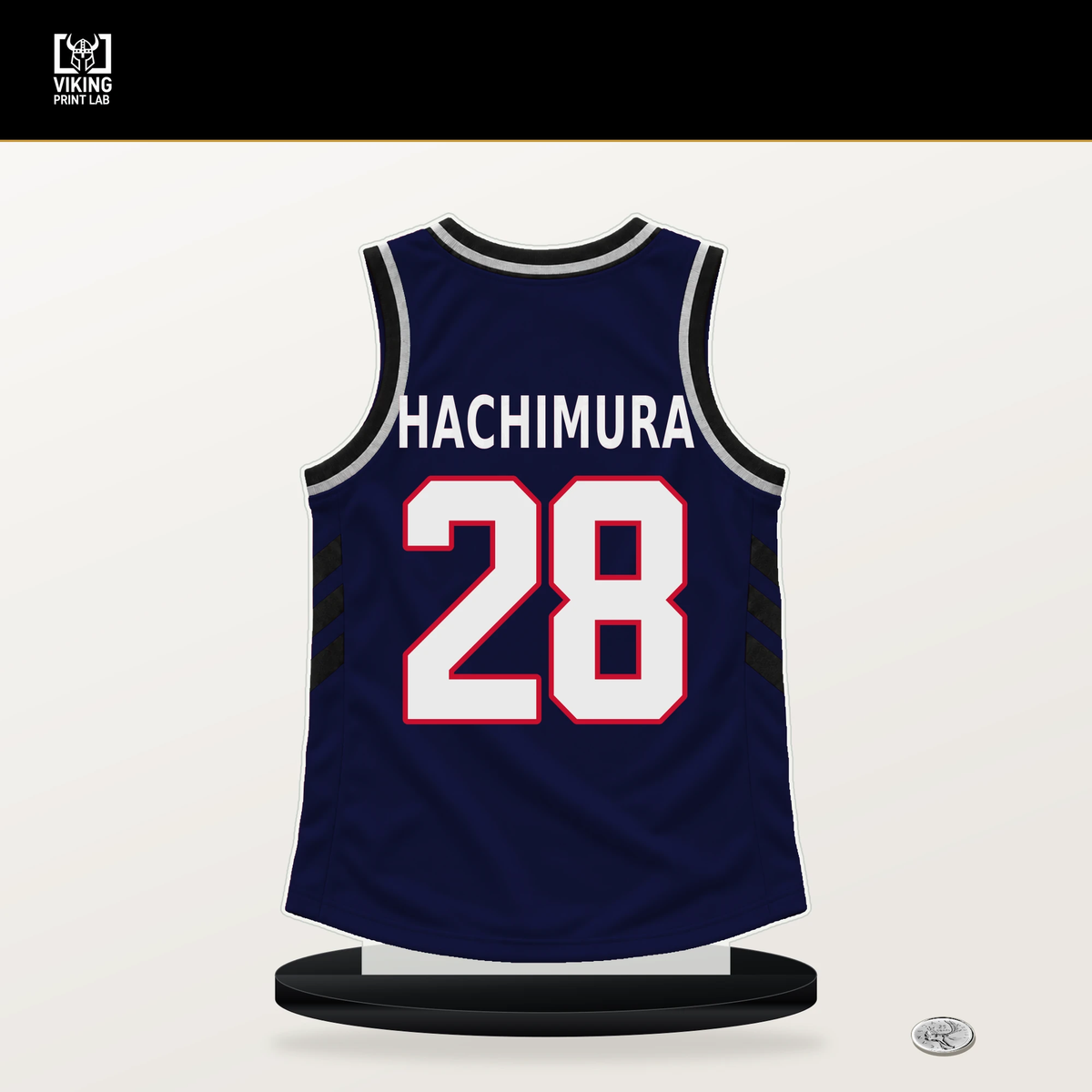 Rui Hachimura number 28 LA Clippers jersey stand with included black base.