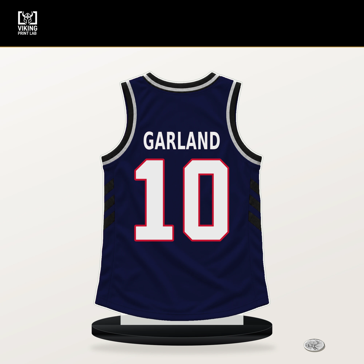 Darius Garland number 10 LA Clippers jersey stand with included black base.