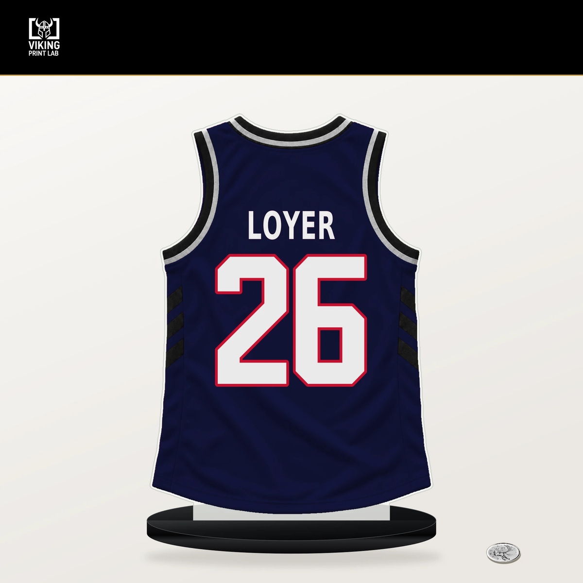 Fletcher Loyer number 26 LA Clippers jersey stand with included black base.