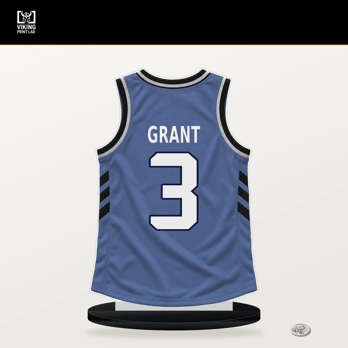 Jerami Grant number 3 Memphis Grizzlies jersey stand with included black base.