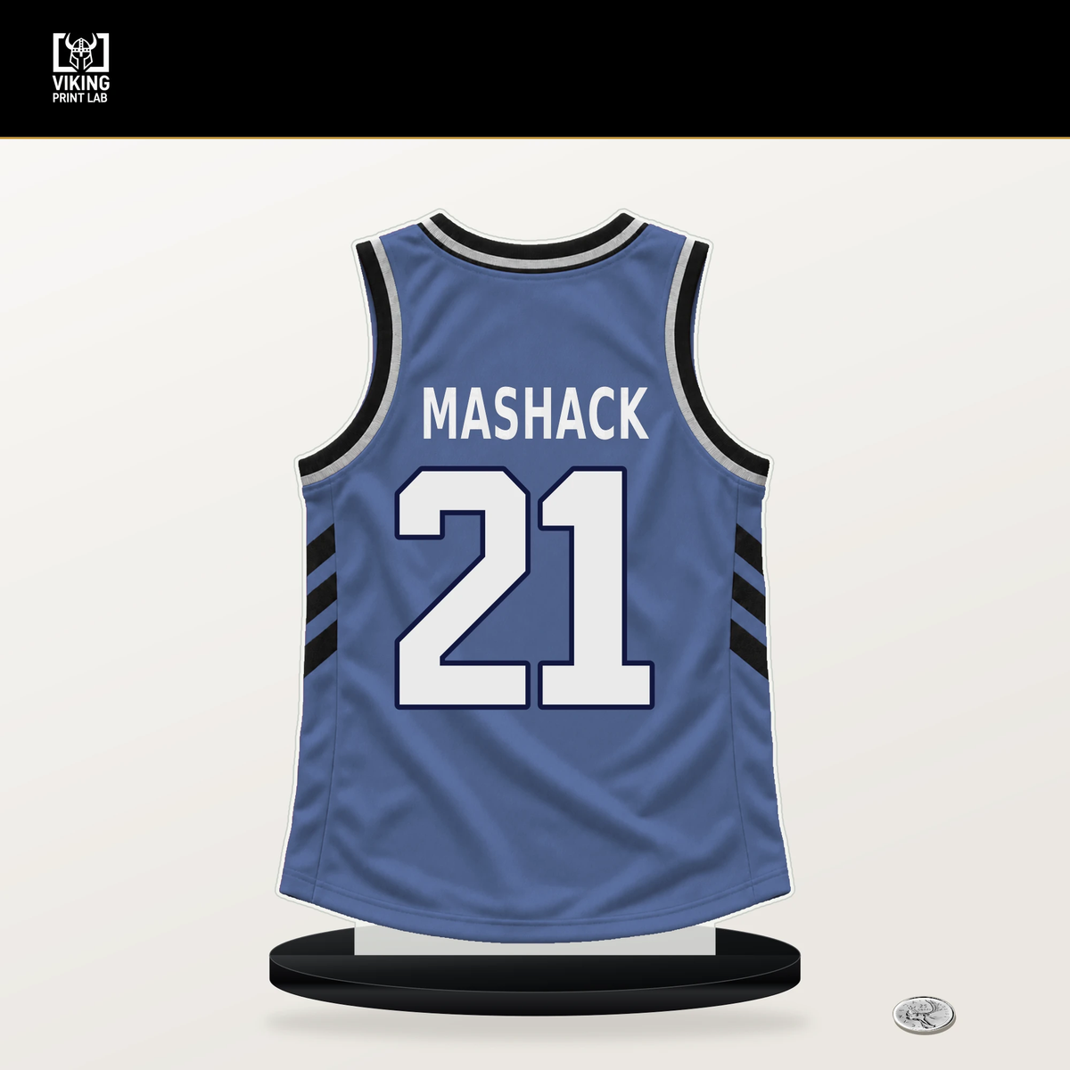 Jahmai Mashack number 21 Memphis Grizzlies jersey stand with included black base.