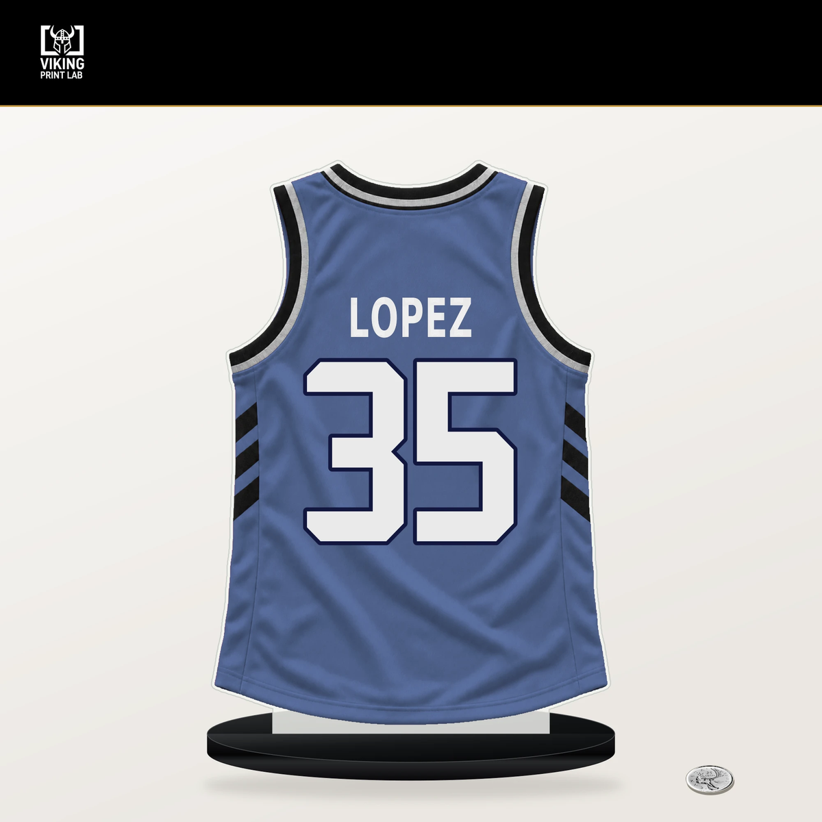 Karim Lopez number 35 Memphis Grizzlies jersey stand with included black base.