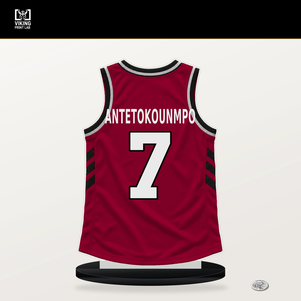 Giannis Antetokounmpo number 7 Miami Heat jersey stand with included black base.