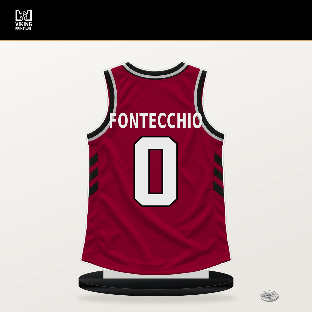 Simone Fontecchio number 0 Miami Heat jersey stand with included black base.