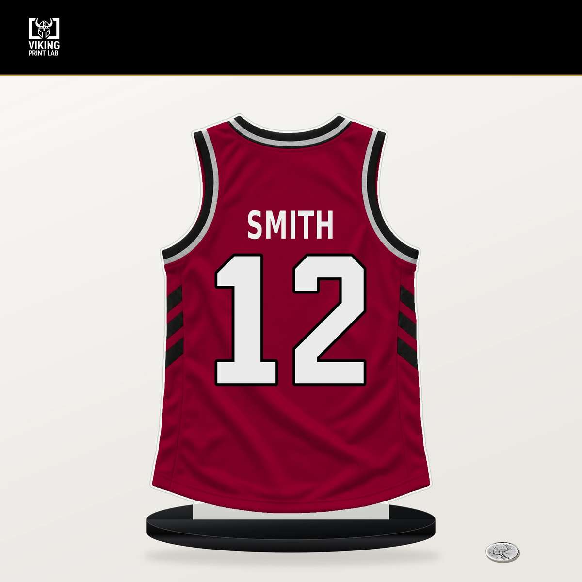 Dru Smith number 12 Miami Heat jersey stand with included black base.