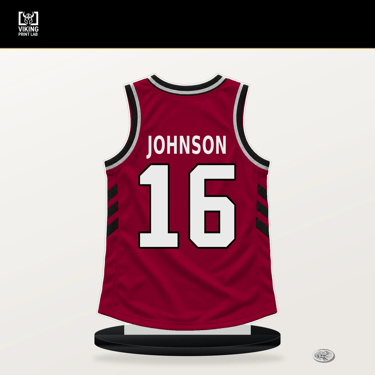 Keshad Johnson number 16 Miami Heat jersey stand with included black base.
