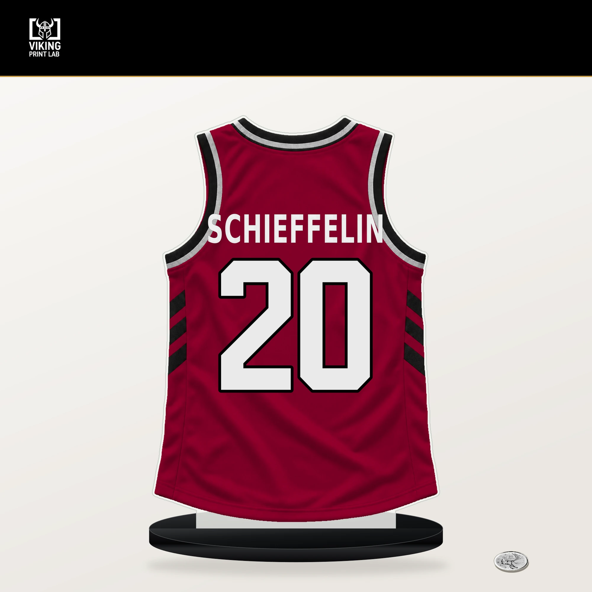 Ian Schieffelin number 20 Miami Heat jersey stand with included black base.