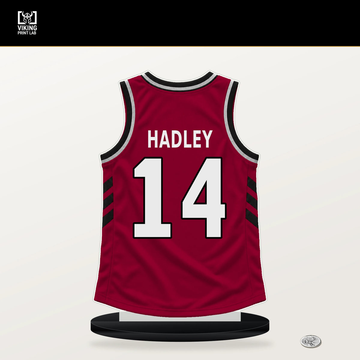 J'Vonne Hadley number 14 Miami Heat jersey stand with included black base.
