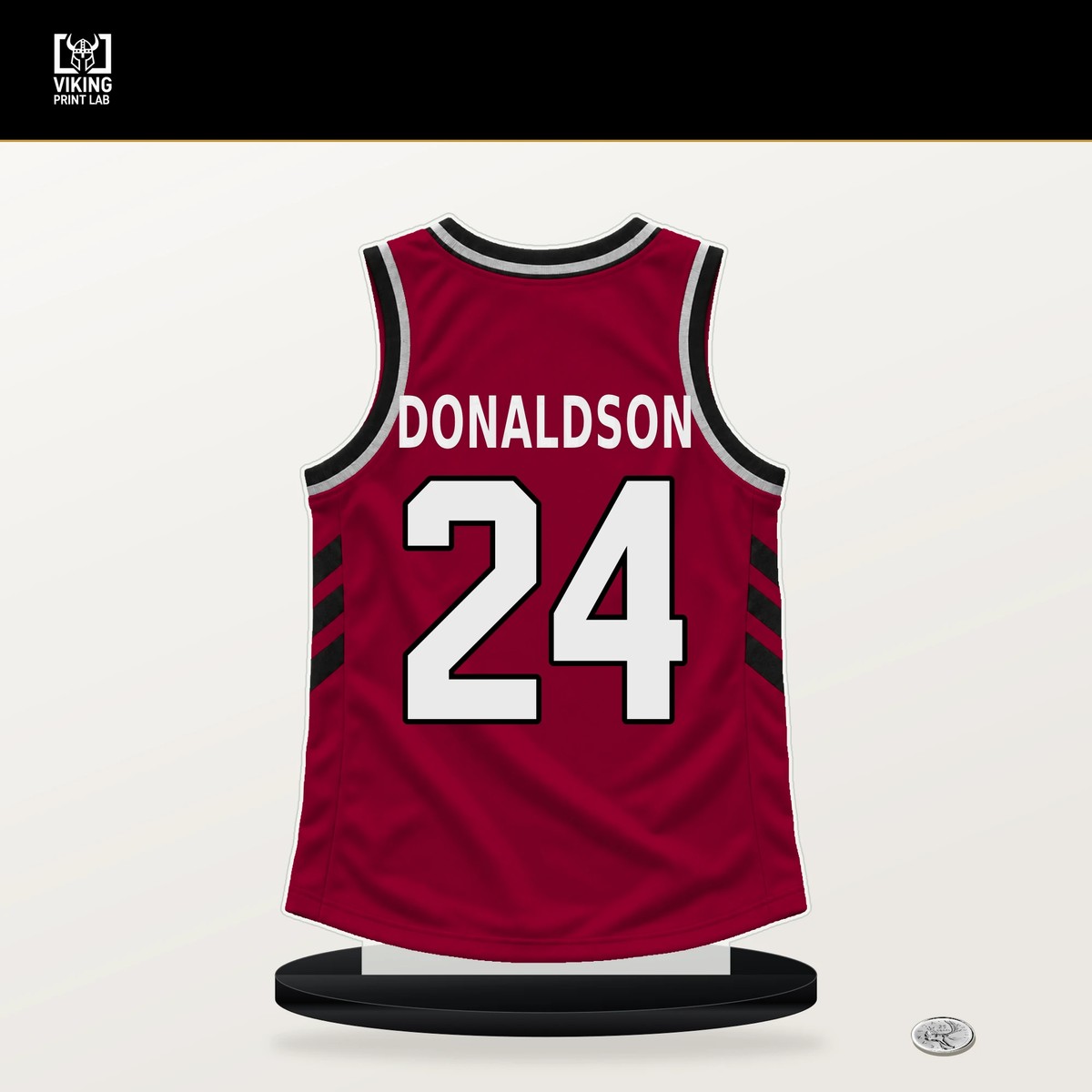 Tre Donaldson number 24 Miami Heat jersey stand with included black base.