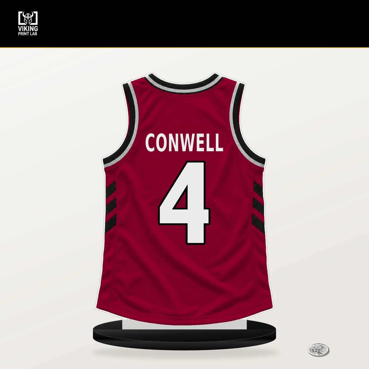 Ryan Conwell number 4 Miami Heat jersey stand with included black base.