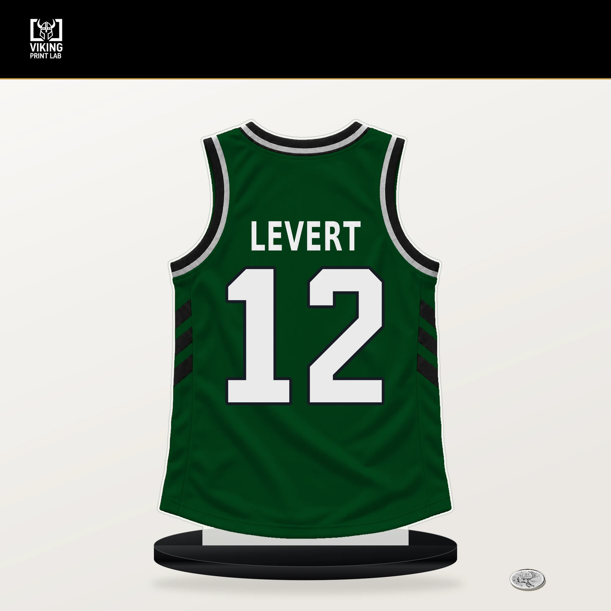 Caris LeVert number 12 Milwaukee Bucks jersey stand with included black base.