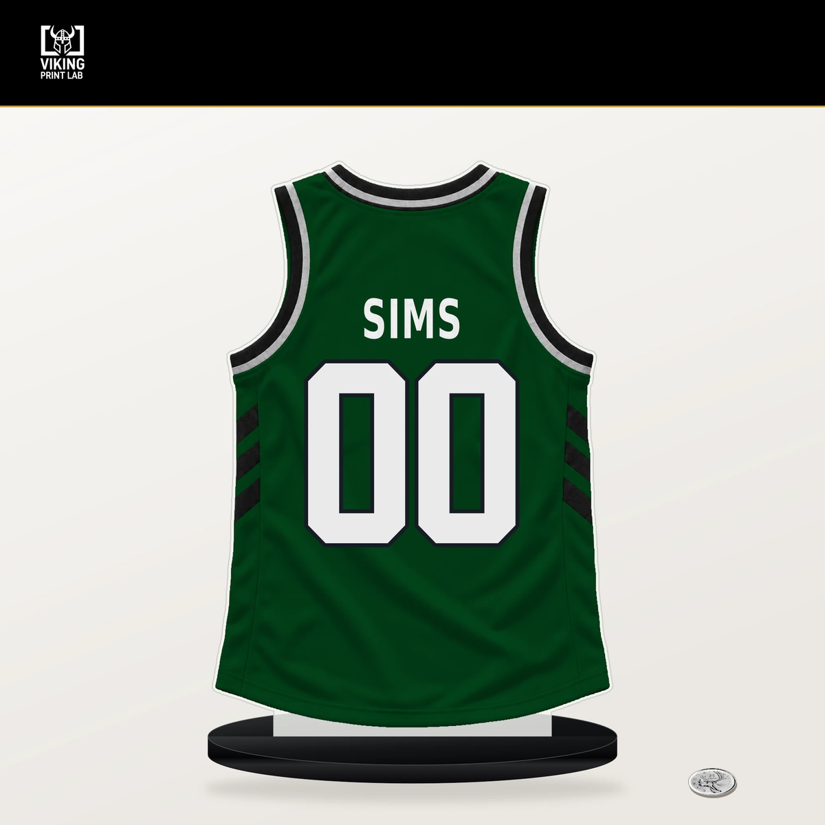 Jericho Sims number 00 Milwaukee Bucks jersey stand with included black base.