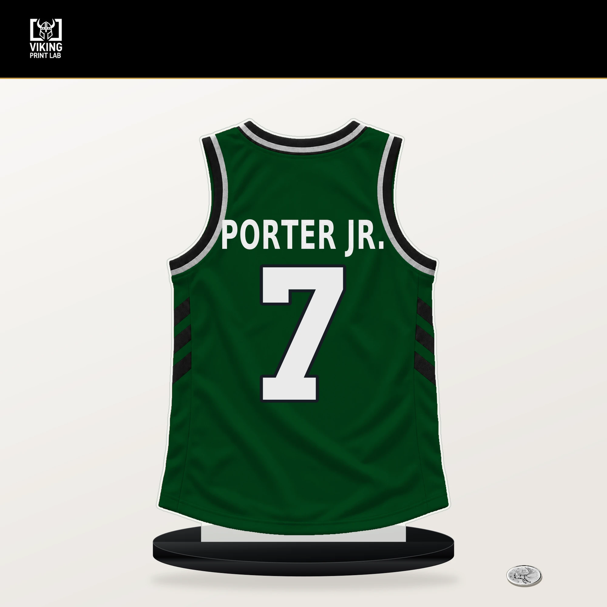 Kevin Porter Jr. number 7 Milwaukee Bucks jersey stand with included black base.