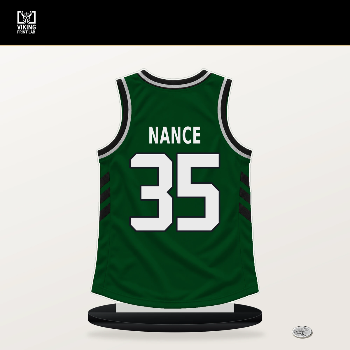 Pete Nance number 35 Milwaukee Bucks jersey stand with included black base.
