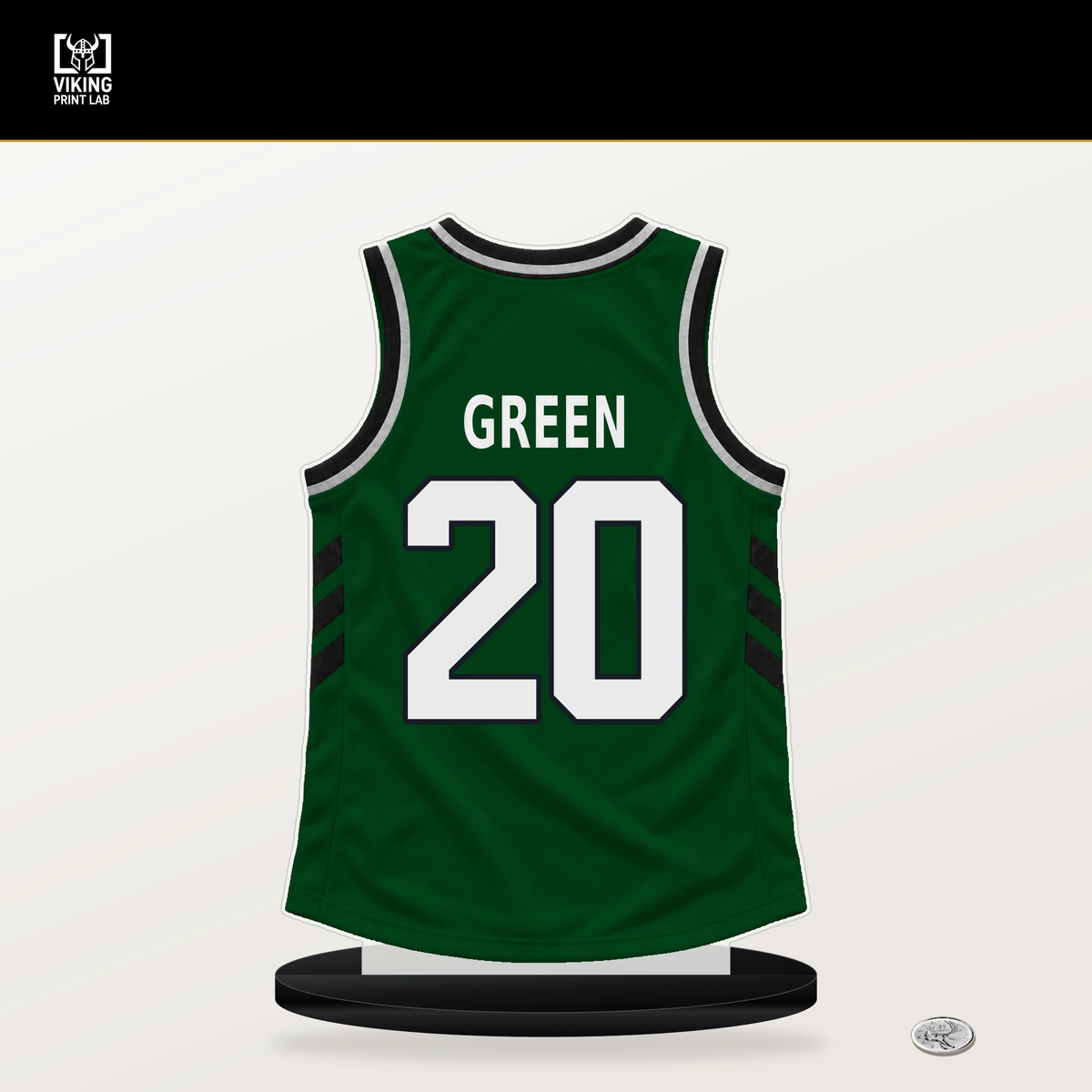 AJ Green number 20 Milwaukee Bucks jersey stand with included black base.