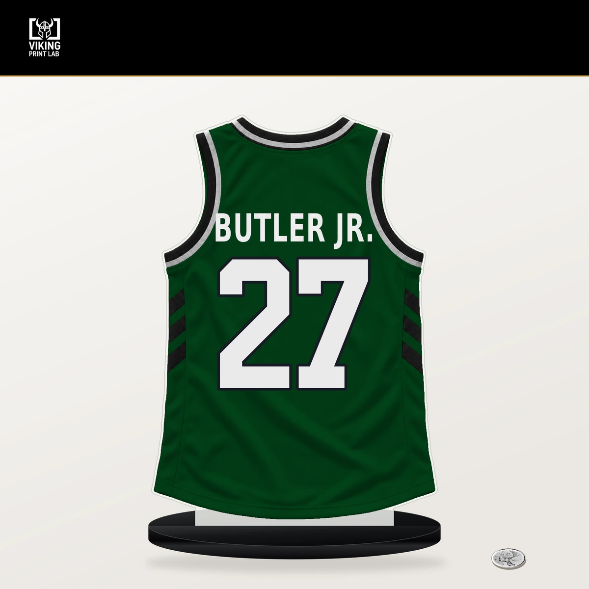 John Butler Jr. number 27 Milwaukee Bucks jersey stand with included black base.