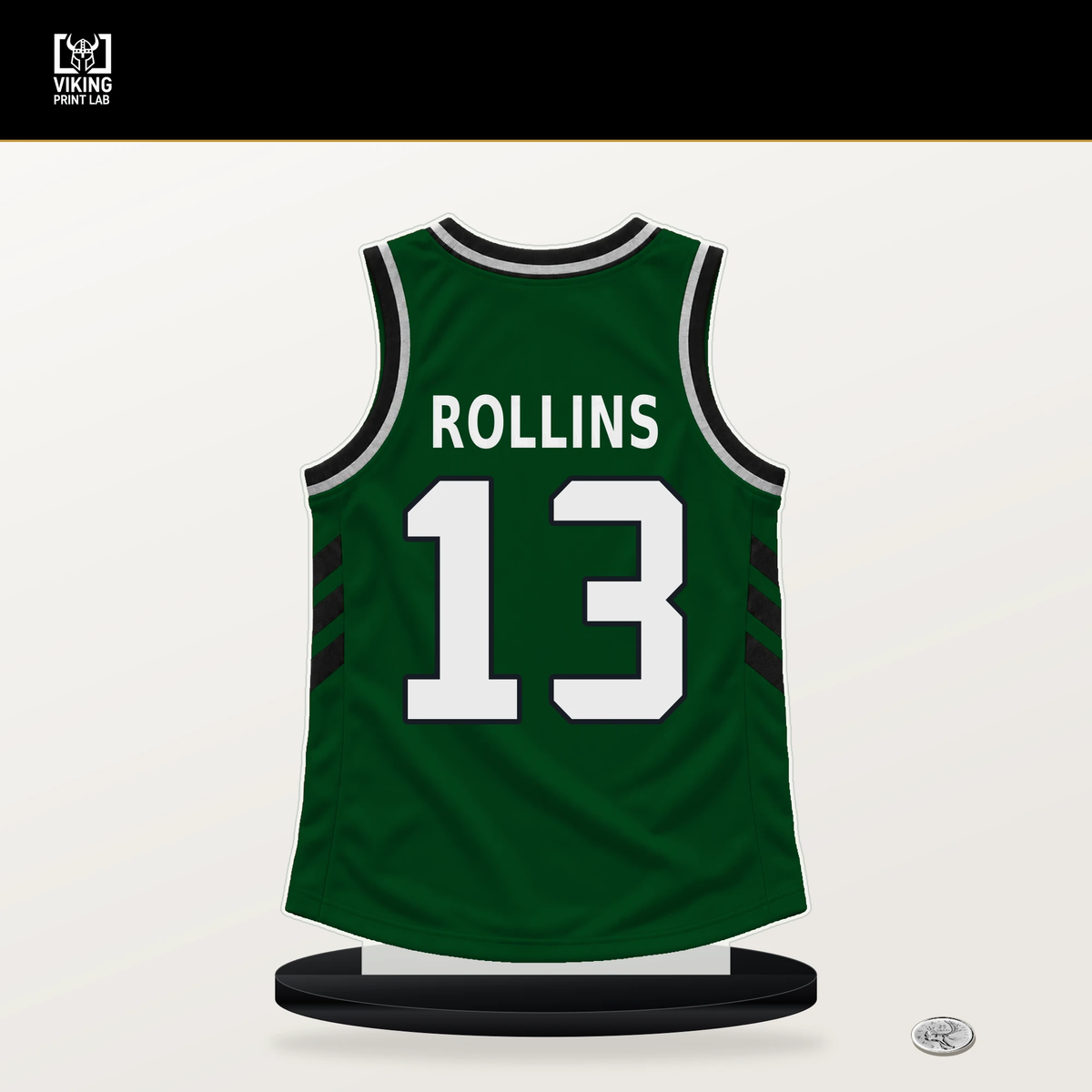 Ryan Rollins number 13 Milwaukee Bucks jersey stand with included black base.