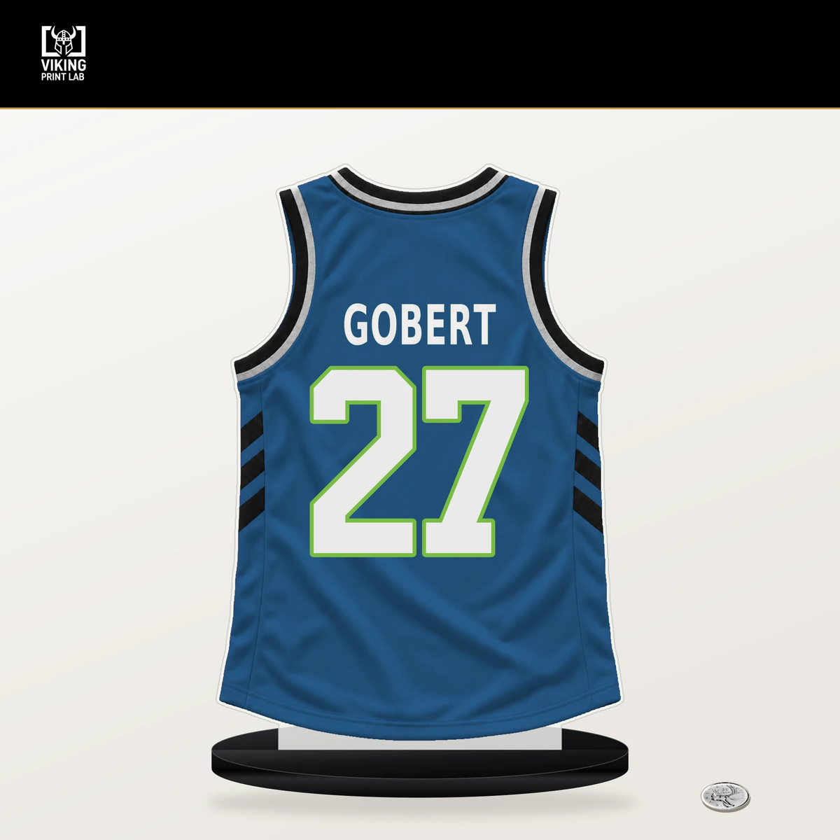 Rudy Gobert number 27 Minnesota Timberwolves jersey stand with included black base.