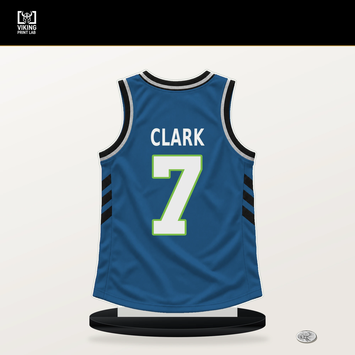 Jaylen Clark number 7 Minnesota Timberwolves jersey stand with included black base.