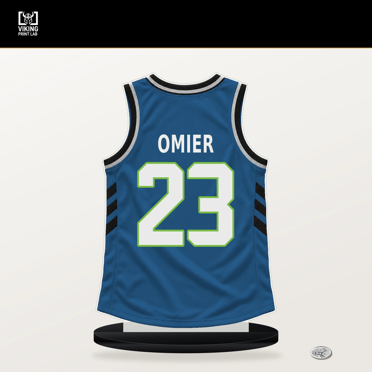 Norchad Omier number 23 Minnesota Timberwolves jersey stand with included black base.