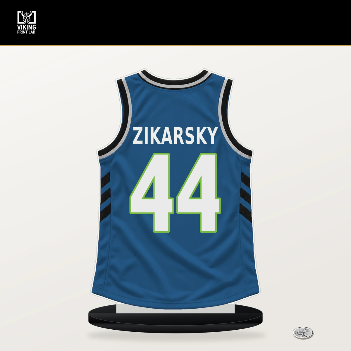 Rocco Zikarsky number 44 Minnesota Timberwolves jersey stand with included black base.